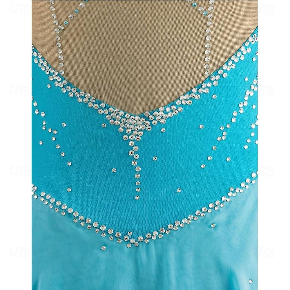 2026年 フィギュアスケート ドレス 女性用 女の子 アイススケート ドレス ブルー アシンメトリーヘム メッシュ 高弾性 訓練 競技大会 スケートウェア クラシック クリスタル・ラインストーン ノースリーブ アイススケート フィギュアスケート  コレクション – $171.99 –P5