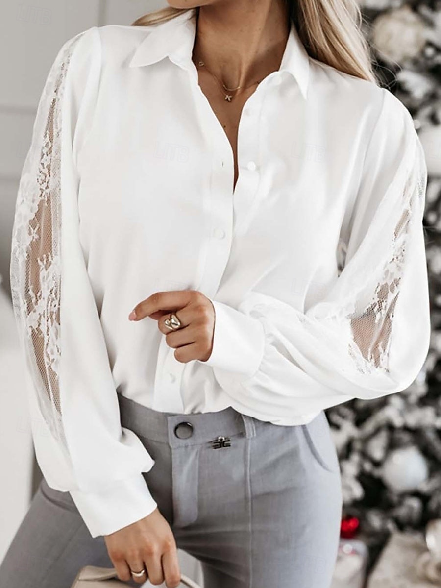 Damen Hemd Bluse Feste Farbe Basic Brautkleider schlicht Langarm Hemdkragen Normale Oberteile Täglich Spitze Gitter Patchwork Schwarz Weiß Grün Herbst Winter 2025 - $32.99 –P5