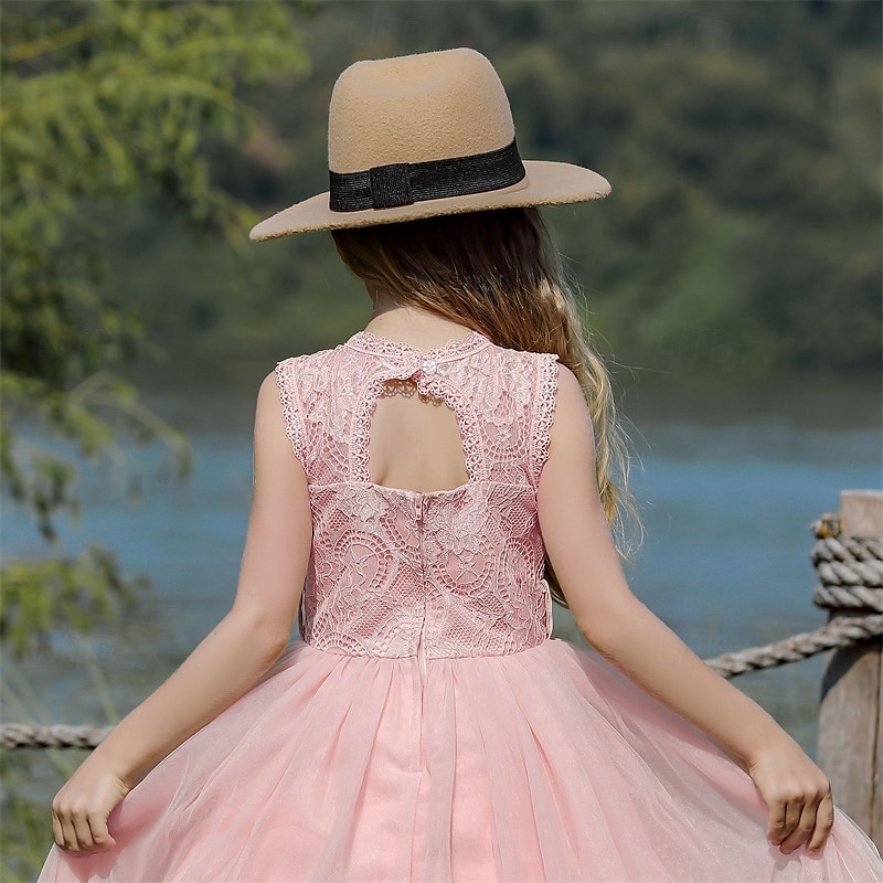 Infantil Para Meninas Vestido de daminha de honra Vestido de festa Côr Sólida Sem Manga Espetáculo Casamento Festa Com Transparência Frente Única Patchwork Elegante Doce Poliéster Renda Longo Vestido de 2025 por $44.99 –P6