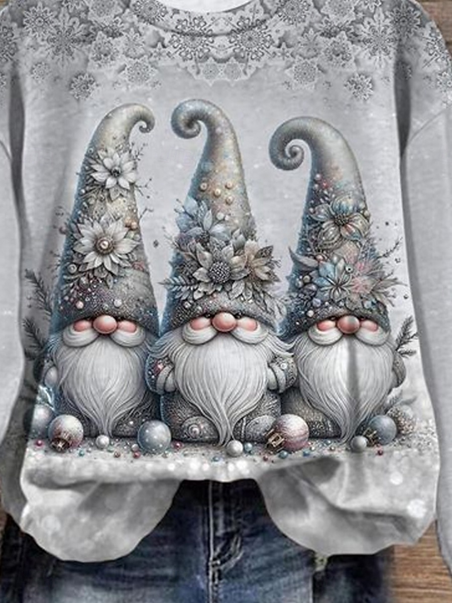 Sweatshirt pour femmes Hiver Vacances Imprimé Gnome Manches longues Col rond Motif flocon de neige Festif Décontracté Confort Gris Bleu Multi-tailles de 2025 ? $24.99 –P3