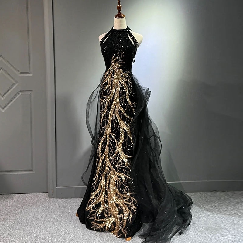 Black Gold Embroidered A-Line Prom Dresses Glittering Dress Formal Floor Length Sleeveless High Neck Sequined with Glitter Tassel 2024 2024 - GBP £83 –P1