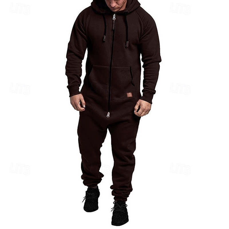 Men's Tracksuit Jumpsuit Full Zip One-piece Casual Fall Long Sleeve Thermal Warm Soft Fitness Gym Workout Running Sportswear Activewear Solid Colored Dark Grey Dark Khaki Black 2025 - $31.99 –P5