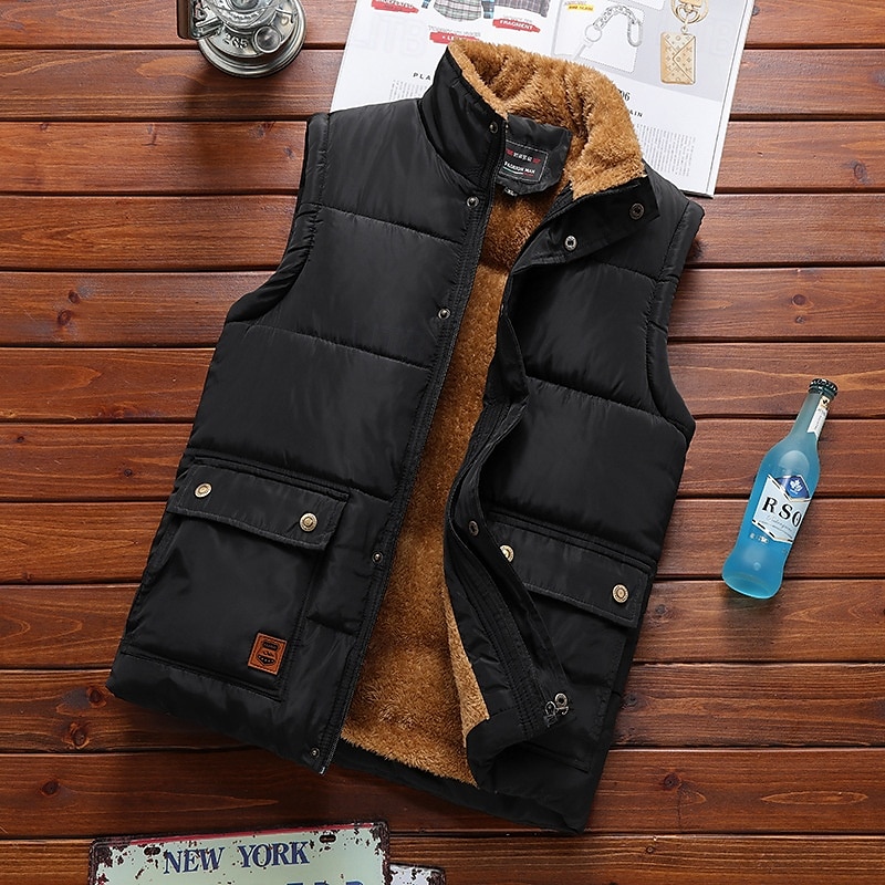 Homme Gilet matelassé Gilet polaire Gilet du quotidien Rendez-vous Vacances Mode Décontractées Automne hiver Poche Polyester Chaud Confortable Couleur unie Cachée Boutonné devant Mao Standard Noir de 2025 ? $42.99 –P5