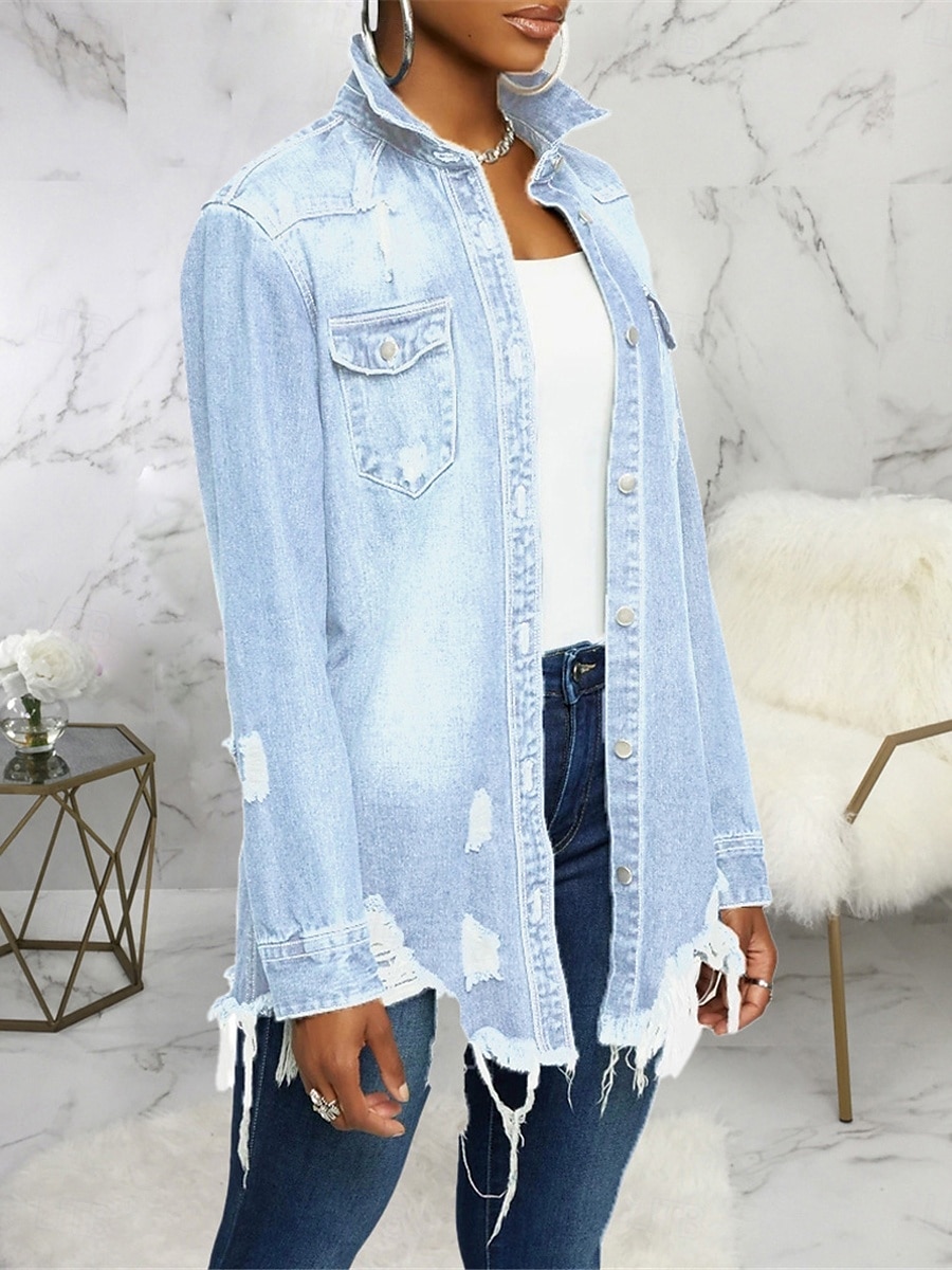 Damen Jeansjacke Outdoor Strasse Freizeitskleidung Herbst Winter Standard Mantel Regular Fit warm Atmungsaktiv Stilvoll Brautkleider schlicht Jacken Langarm Feste Farbe Mit Taschen Hellblau Schwarz 2025 - $62.99 –P4