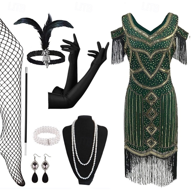 Conjunto Rugido 20s 1920s Hasta la Rodilla Vestido Flapper Accesorios Vestido de fiesta de graduación con accesorios Hombro frío El gran Gatsby Invitado a la boda Lentejuelas Borlas Pluma Escote en 2026 - $54.99 –P7