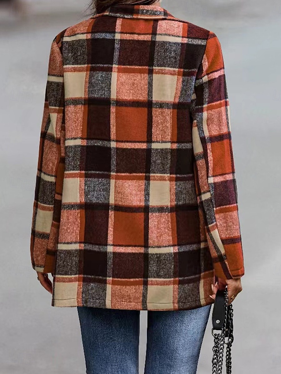 Dam Vardaglig jacka Utomhus Gata Dagliga kläder Höst Vinter Normal Täcka Normal Håller värmen Andningsfunktion Stylish Ledigt Jacka Långärmad Ränder och pläd Med fickor Mönster Rubinrött Fuchsia 2025 - $41.99 –P2