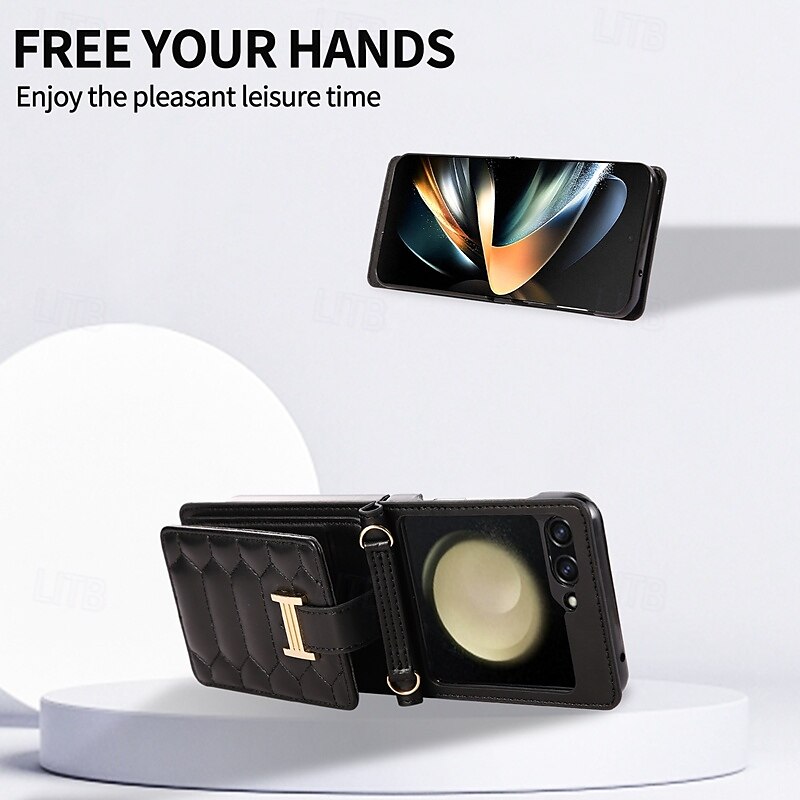 Phone Case For Z Flip 5 Z Flip 4 Z Flip 3 Back Cover with Stand Holder with Lanyard with Wrist Strap Retro TPU PU Leather 2025 - $23.99 –P14