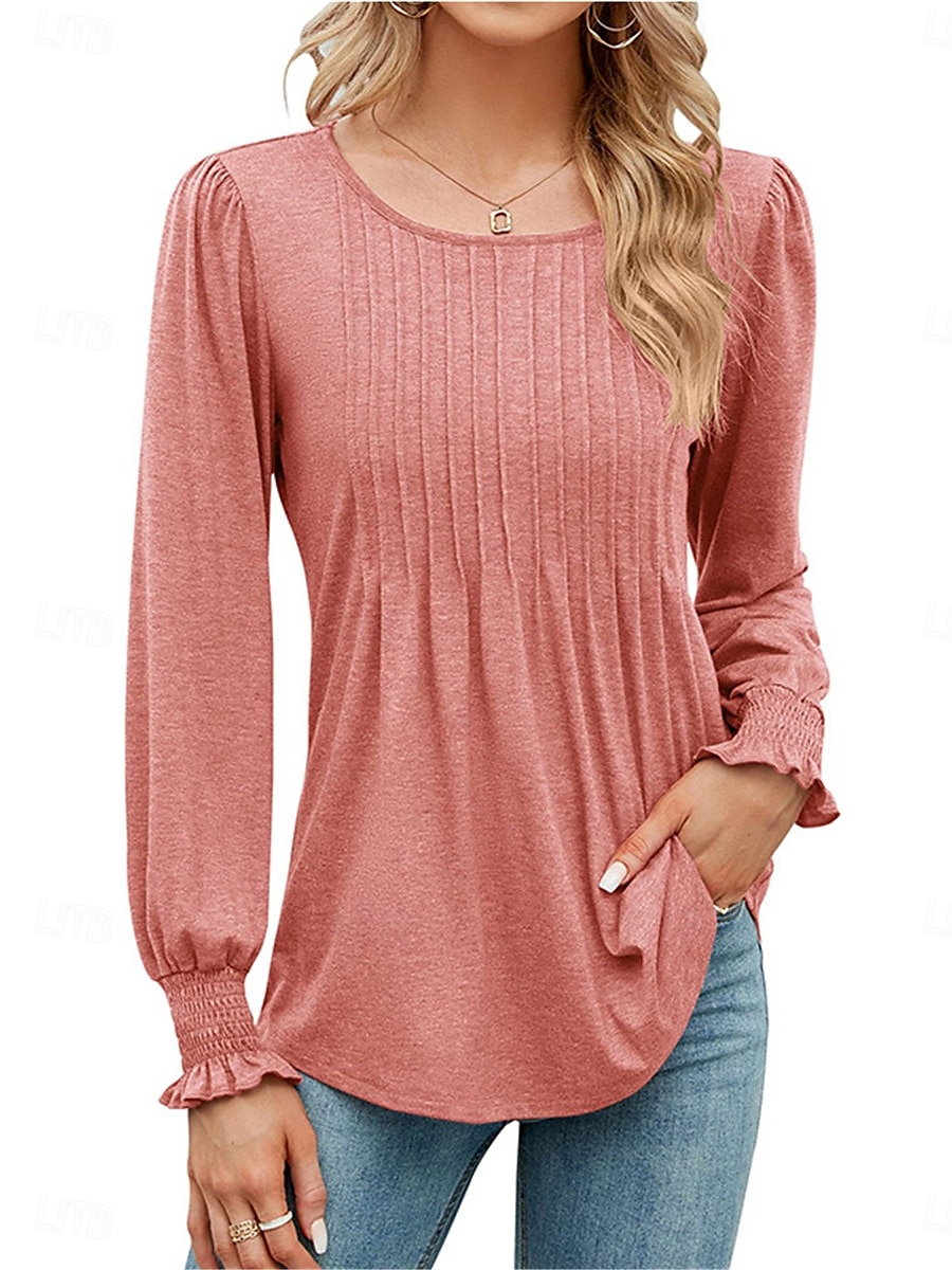 Women's Shirt Blouse Solid Color Basic Casual Long Sleeve Crew Neck Regular Tops Daily Black White Pink Green Fall Winter 2025 - $34.99 –P5