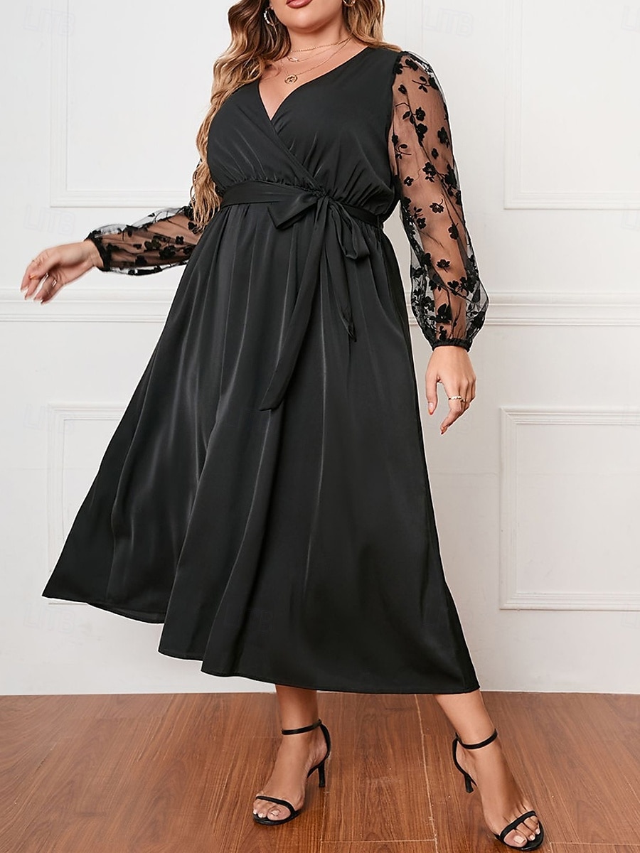 Dam Plusstorlekar Kurva Vardagsklänning Swingklänning A linjeklänning Ensfärgat Långklänning Maxiklänning Långärmad Spets Lappverk V-hals Mode Utomhus Svart Höst XL 2XL 3XL 4XL 2025 - $36.99 –P5