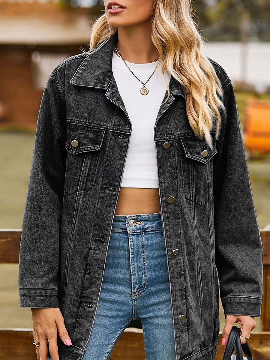 Women's Denim Jacket Outdoor Street Daily Wear Fall Winter Regular Coat Regular Fit Thermal Warm Breathable Stylish Casual Jacket Long Sleeve Solid Color with Pockets Light Blue Black Pink 2025 - $62.99 –P9