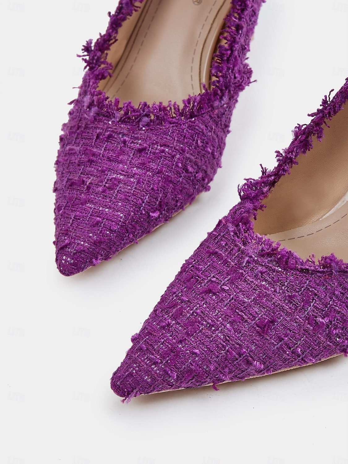 tocuri de damă din tweed mov cu vârf ascuțit – pantofi eleganti texturați cu margini uzate pentru ținute șic și ocazii speciale 2025 - $42.99 -P5