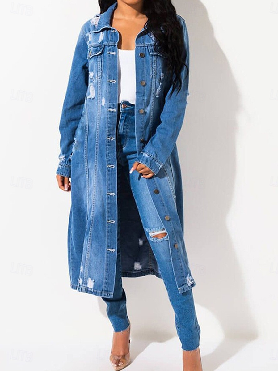 Women's Denim Jacket Outdoor Street Daily Wear Fall Winter Long Coat Regular Fit Thermal Warm Breathable Stylish Casual Jacket Long Sleeve Solid Color with Pockets Light Blue Navy Blue Blue 2025 - AU $153.59 –P4