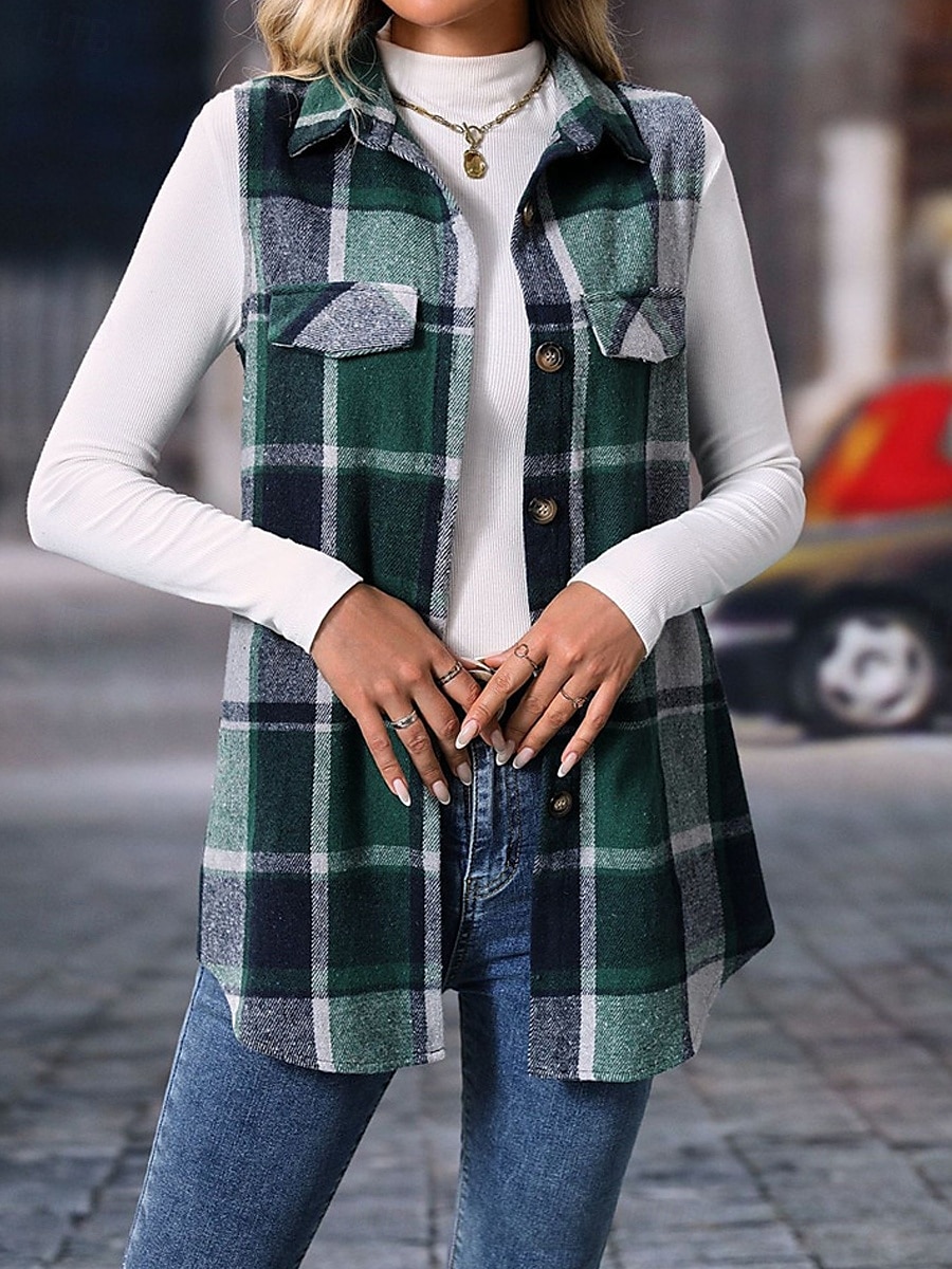 Mulheres Colete Ao ar livre Rua Roupa Diária Outono Inverno Padrão Casaco Normal Térmico / Quente Respirável à moda Casual Casaco Sem Manga Listras e xadrez Com bolsos Imprimir Laranja Verde Cáqui de 2025 por $36.99 -P7