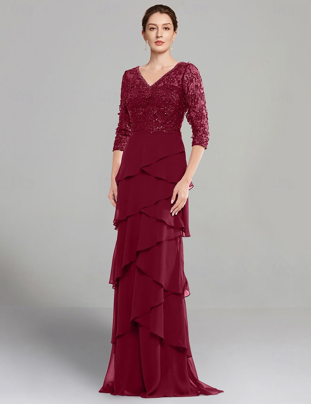 Vestido Sheath Mãe da Noiva Vestido Elegante Decote em V Comprimento do Chão Chiffon Stretch Mangas Médias com Renda Camadas em Cor Sólida de 2025 por $197.99 –P1