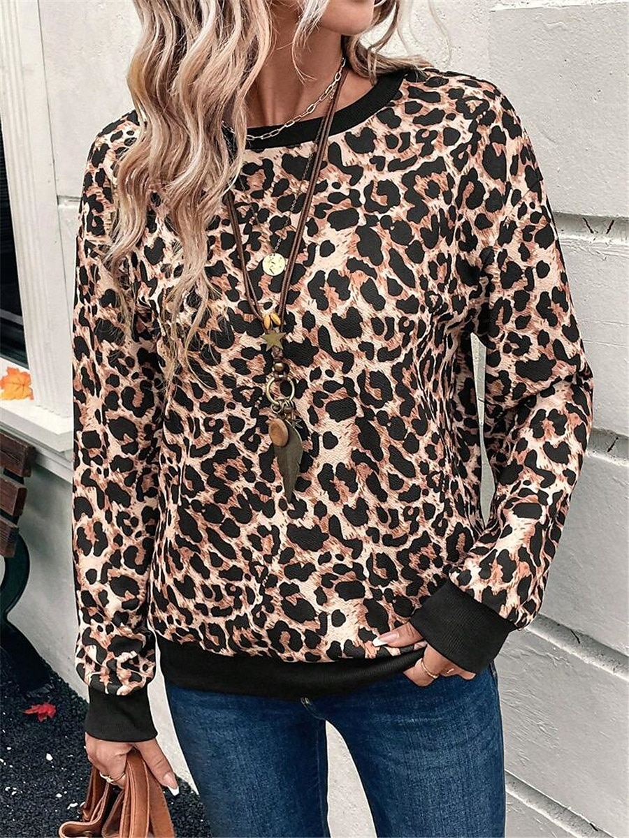 dámská mikina leopard street denní nošení potisk ležérní posádka výstřih dlouhý rukáv mikroelastický podzimní zimní komfrt prodyšná měkká tkanina 2025 - $24.99 –P4