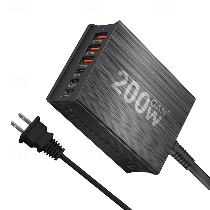 200w stație de încărcare gan 6 porturi încărcător usb c încărcare rapidă qc pd 3.0 tip c încărcător rapid usb pentru iphone 15 14 13 12 pro macbook 2025 - $63.99 –P3