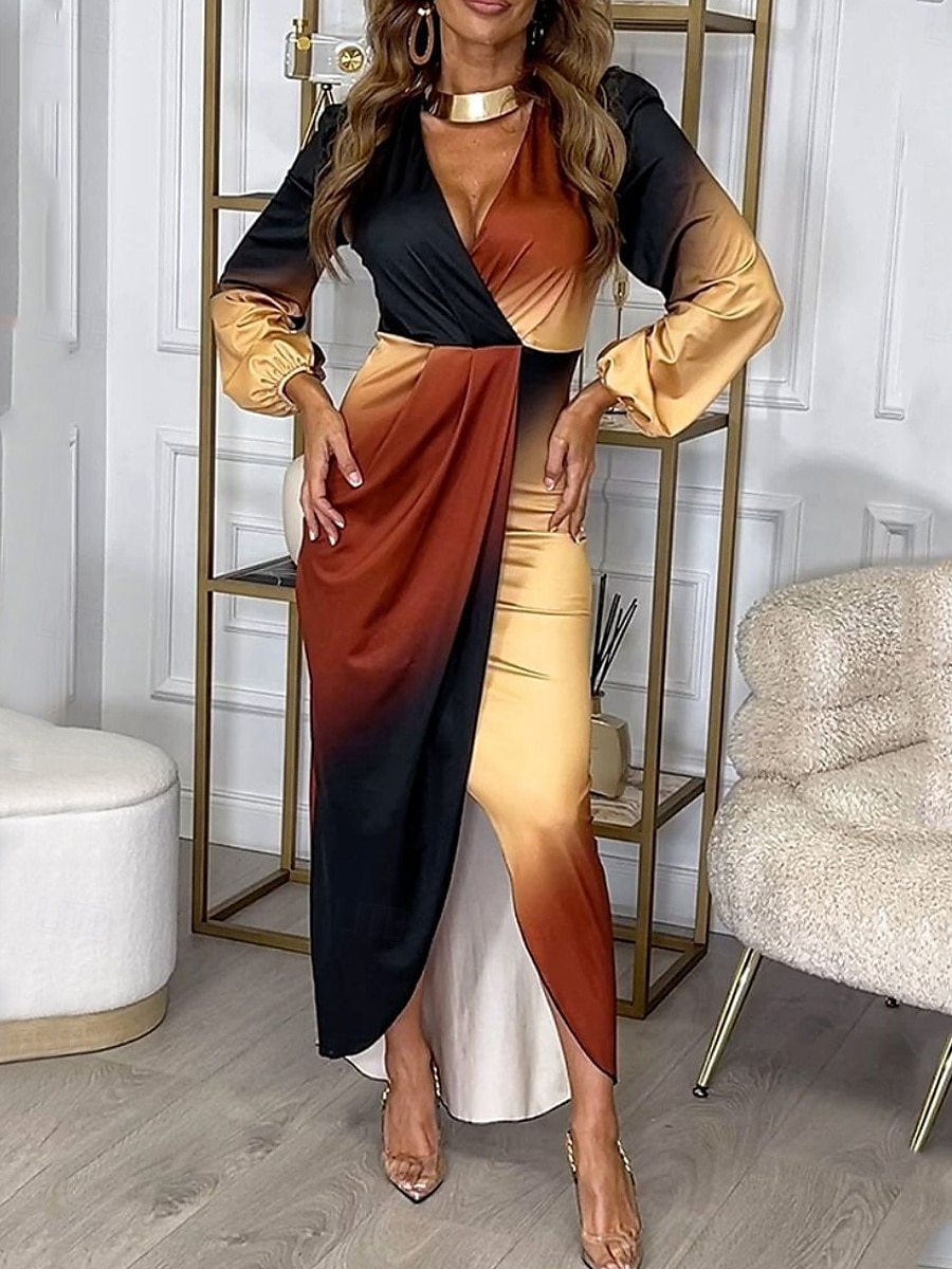 abito midi da donna con scollo profondo sfumato e maniche lunghe primavera autunno del 2025 a $41.99 –P1