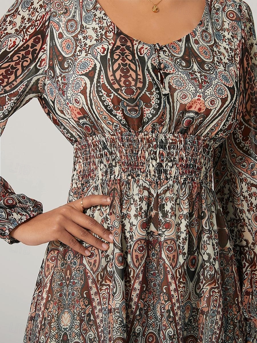 Dam Midiklänning Vintage klänning Boho Chic klänningar Elegant bohemliv Vintage Biskop Dagligen Normal Grafisk Färgblock Långärmad V-hals Colourful Höst Vinter 2025 - $5.79 –P5