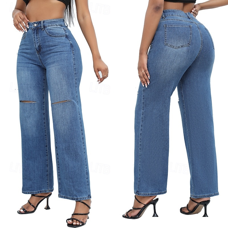 Dame Normal Jeans Gatemote Stilfull Full lengde Høy Midje Helfarge Lomme comfy Pusteevne Myk Mikroelastisk Gate Daglig Lyseblå Mørkeblå Vår & Vinter Løstsittende 2025 - $36.99 –P3