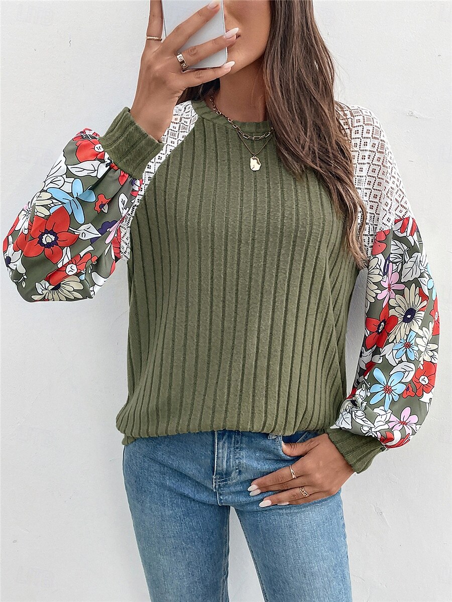 Femme Pull Chandail Pull Décontractées Flexible Floral A côtes Col Ras du Cou Patchwork Tricoté Imprimer manche longue Hauts réguliers Tricoter Extérieur du quotidien Fin de semaine Vert Automne Hiver de 2025 ? $38.99 –P1