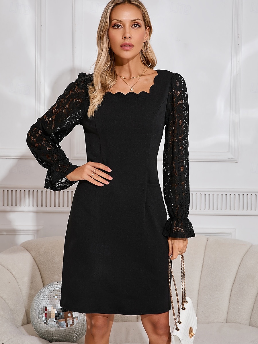 Pentru femei Rochie neagra Rochii Midi Dantelă Elegant Pătrat Manșon Lung Negru Culoare 2025 - $51.99 –P7