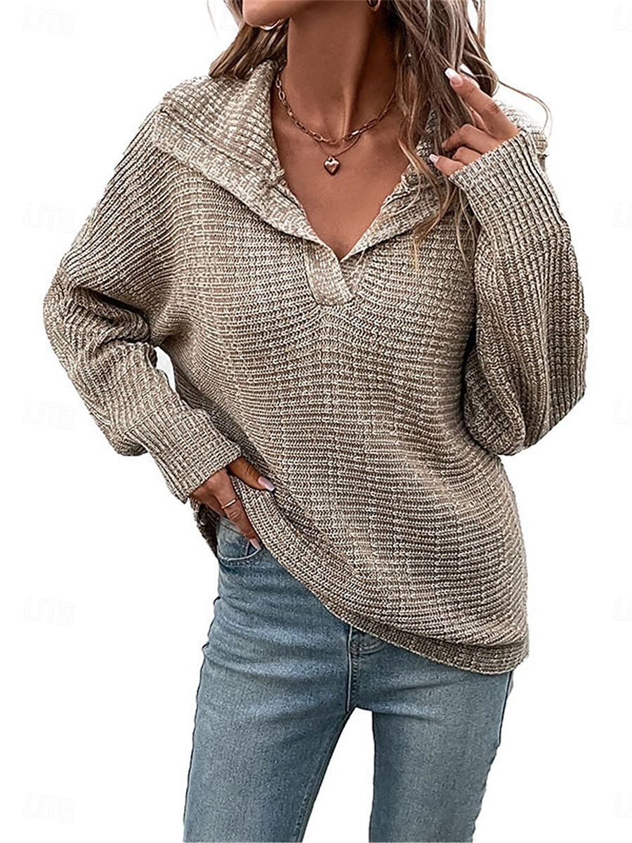 Women's Sweater Pullover Sweater Jumper Casual Soft Solid Color Ribbed Hooded Knitted Long Sleeve Regular Tops Knit Outdoor Daily Weekend Khaki Fall Winter 2025 - $52.99 –P6