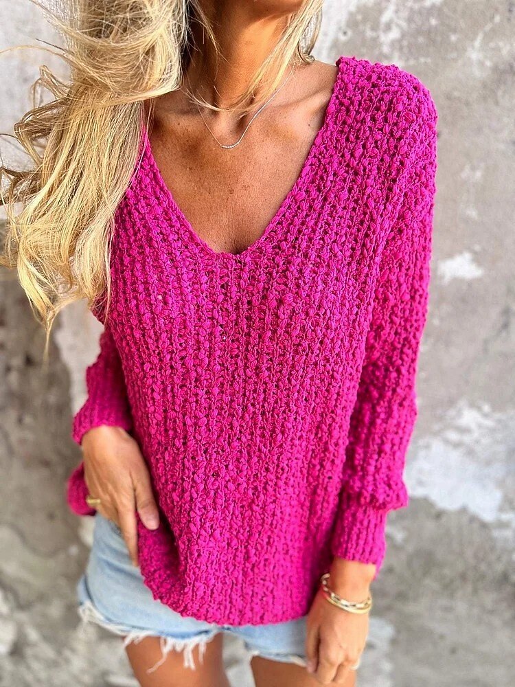Femme Pull Chandail Elégant Mode du quotidien Couleur unie Col V Tricoté Texturé manche longue Hauts réguliers Tricoter Extérieur Bleu Fuchsia Automne Hiver de 2025 ? $31.99 –P1