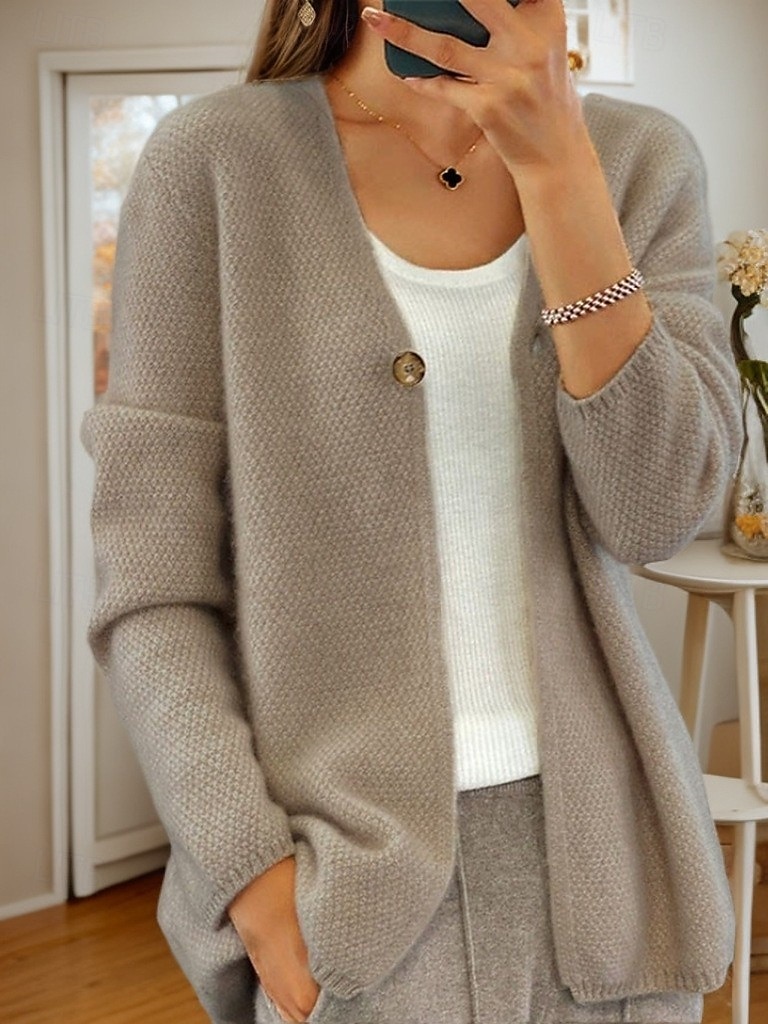 damegenser cardigan genser jakke v-hals strikket knapp strikket vår høst hjem daglig helg elegant daglig myk langermet ren farge camel beige 2025 - $35.99 –P4
