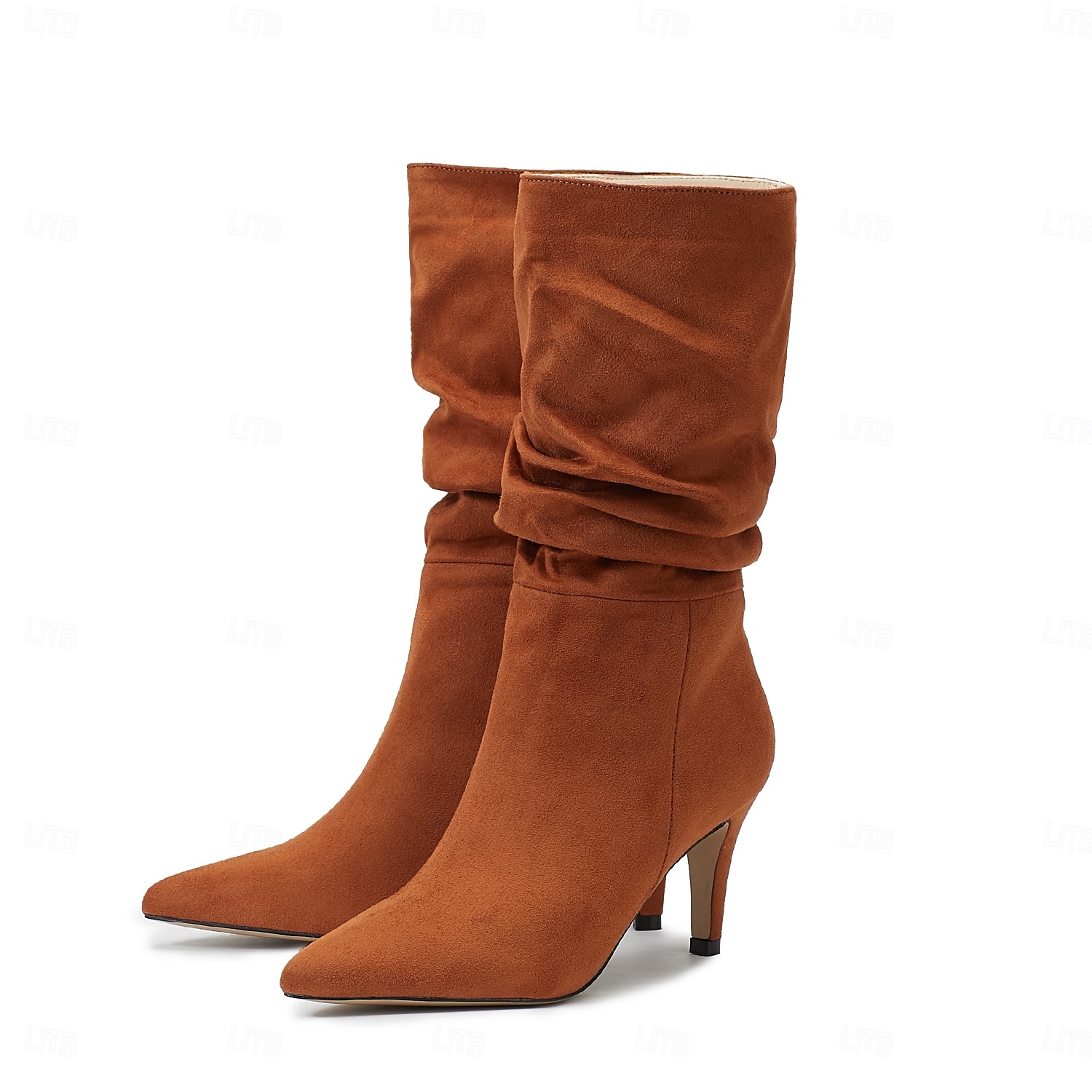 damstövlar i brun mocka med mitten av vaden - eleganta stilettklackar med spetsiga tå, perfekta för höstens fritids- och festkläder 2025 - $59.99 –P9