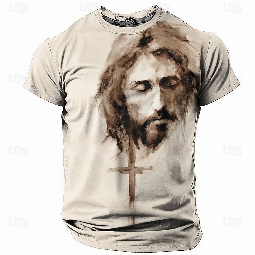 Christmas Men's Jesus T shirt Short Sleeve T shirt 3D Print Crew Neck Shirt Retro Vintage Casual Street Style Christmas Sports Outdoor Holiday Light Blue Light Green Light Brown Spring & Summer 2025 - $17.99 –P5