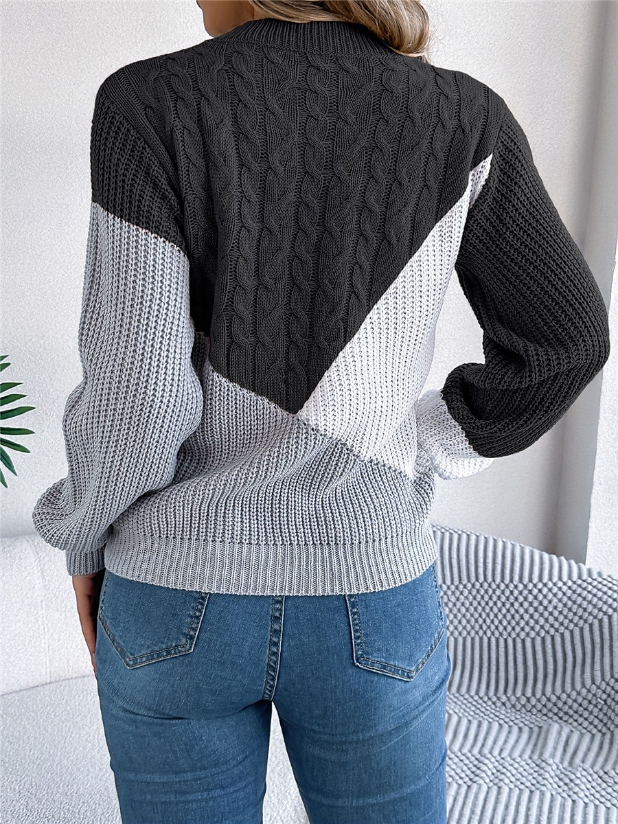 Dame Genser Pullover genser Fritid Myk Fargeblokk Riflet Crew-hals Lapper Strikket Langermet Vanlige topper Strikke utendørs Daglig Helg Svart Rosa Høst Vinter 2025 - $29.99 –P2