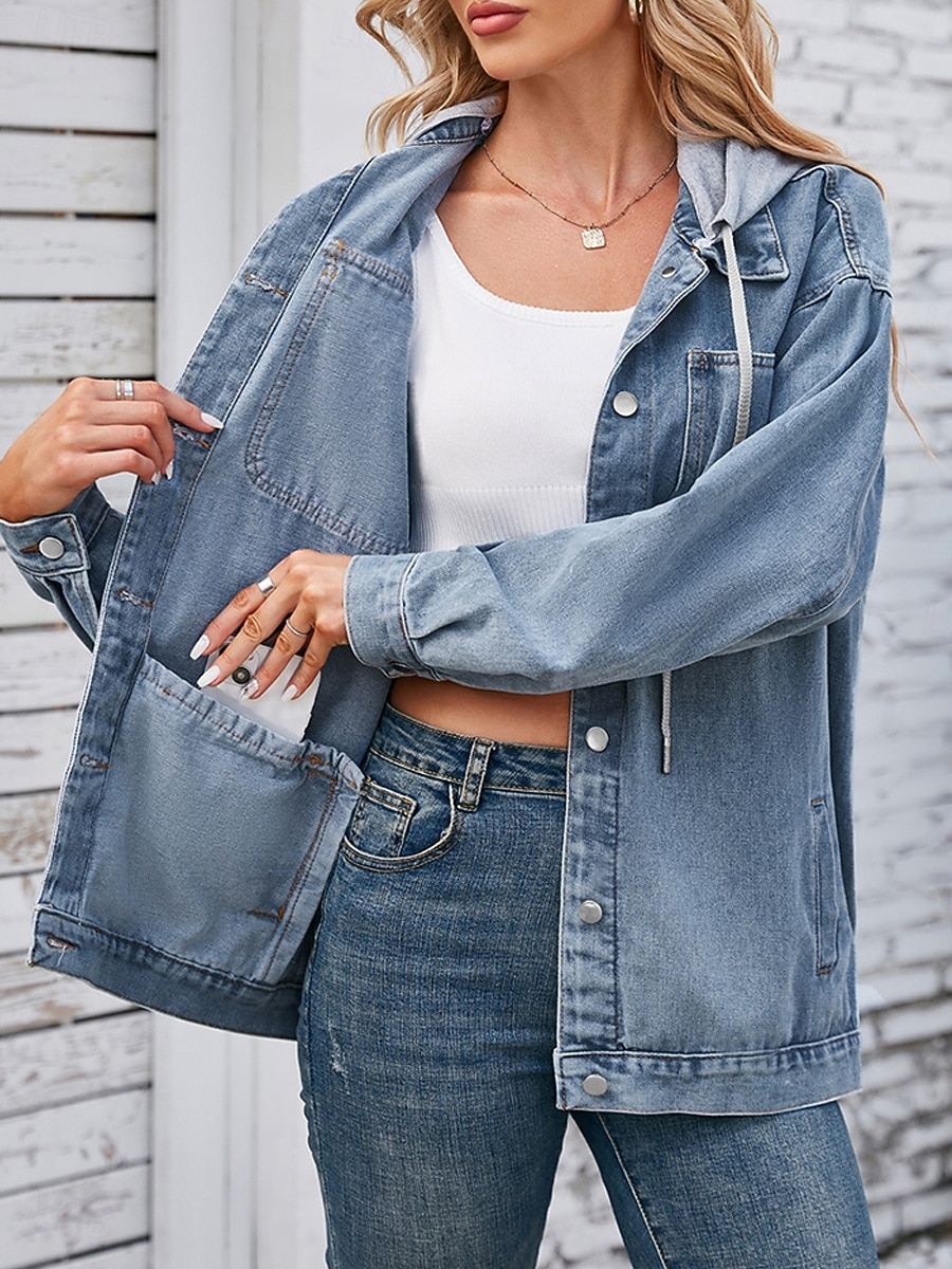 Dam Hoodiejacka Jeansjacka Utomhus Gata Dagliga kläder Höst Vinter Normal Täcka Normal Håller värmen Andningsfunktion Stylish Ledigt Jacka Långärmad Ensfärgat Med fickor Ljusblå Svart Marinblå 2025 - $57.99 –P1