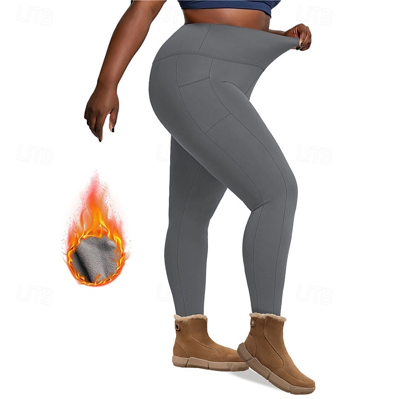 Dam Yogabyxor Fleecefodrade Leggings Yoga leggings med telefonficka Hög midja Pilates Gymträning Träna Trikåer Ensfärgat Mörkgrå Svart Vinröd Elastan Skinna Höst Vinter Plusstorlekar sporter 2026 - $16.49 –P16