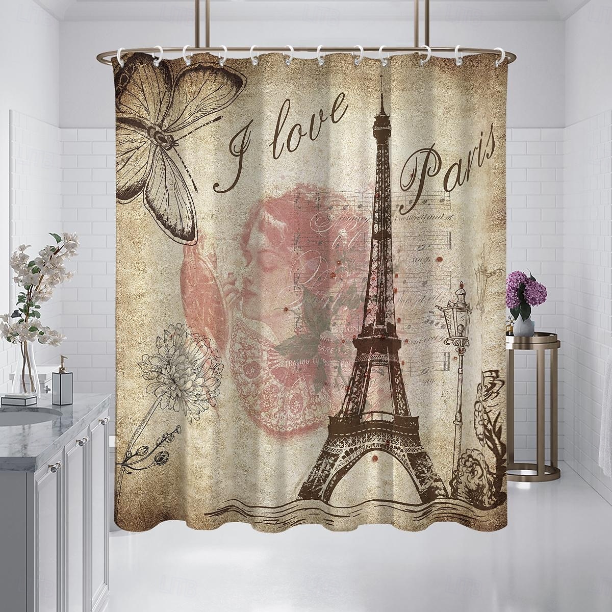 Tenda da doccia con ganci 180cm*180cm (70"*70") in poliestere lavabile impermeabile modello decorativo per bagno e vasca torre Eiffel vintage del 2025 a $22.99 –P1