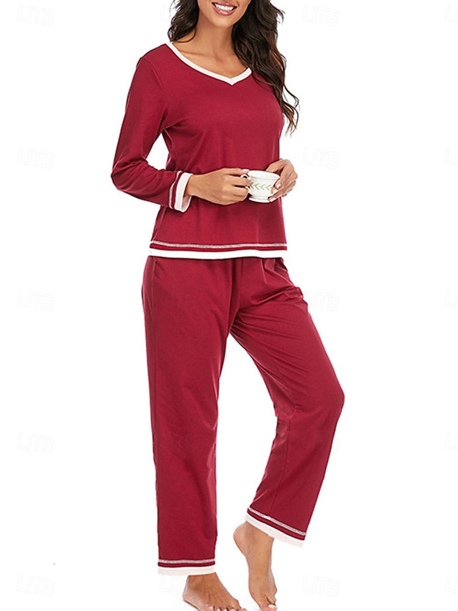 set de pijamale de damă culoare pură casual confort acasă zilnic confort din bumbac cald cu gâtul turnat tricou cu mânecă lungă pantaloni talie elastică ținute de toamnă iarnă acasă 2026 - $41.99 –P4