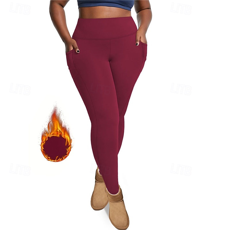 Dam Yogabyxor Fleecefodrade Leggings Yoga leggings med telefonficka Hög midja Pilates Gymträning Träna Trikåer Ensfärgat Mörkgrå Svart Vinröd Elastan Skinna Höst Vinter Plusstorlekar sporter 2026 - $16.49 –P11