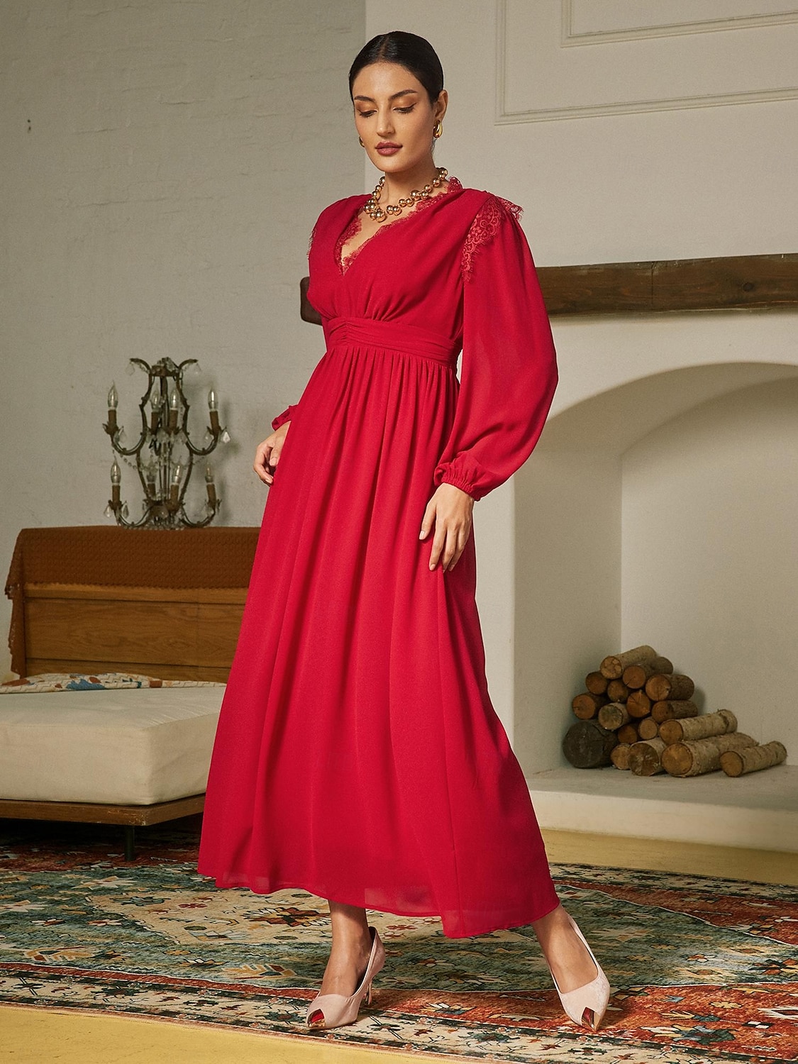 abito lungo da festa in chiffon rosso e pizzo con scollo a V del 2025 a $178.99 –P6