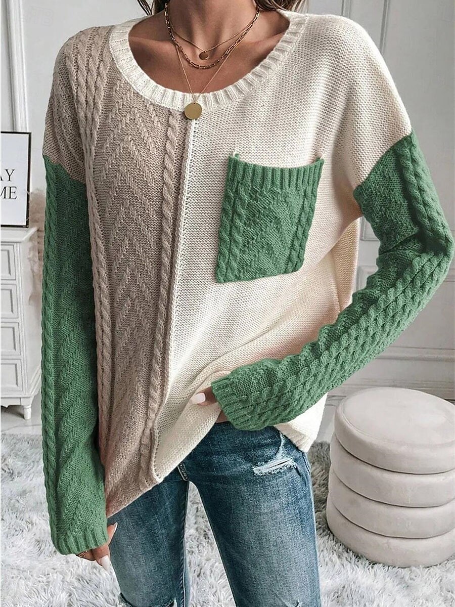 Dam Tröja Pullover tröja Ledigt Mjukt Ren färg Kabel Rund hals Ficka Stickat Långärmad Vanliga toppar Sticka Utomhus Dagligen Helgen Orange Grön Höst Vinter 2025 - $54.99 –P8