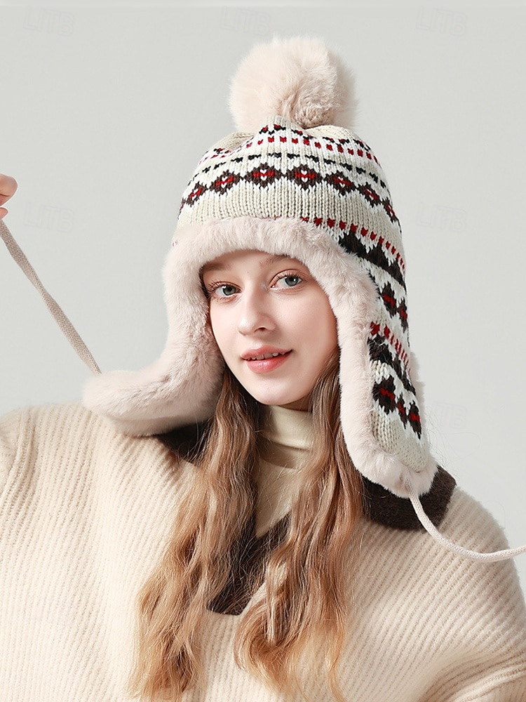 berretto invernale lavorato a maglia con pompon e fodera in pelliccia sintetica - caldo berretto con paraorecchie per donna del 2025 a $18.99 –P2