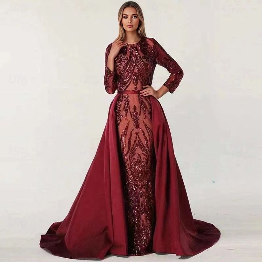 Green A-Line Evening Gown  Satin Elegant Dress Formal Christmas Floor Length Long Sleeve Boat Neck Detachable with Floral Print Slit Appliques 2024 2024 - GBP £104 –P5