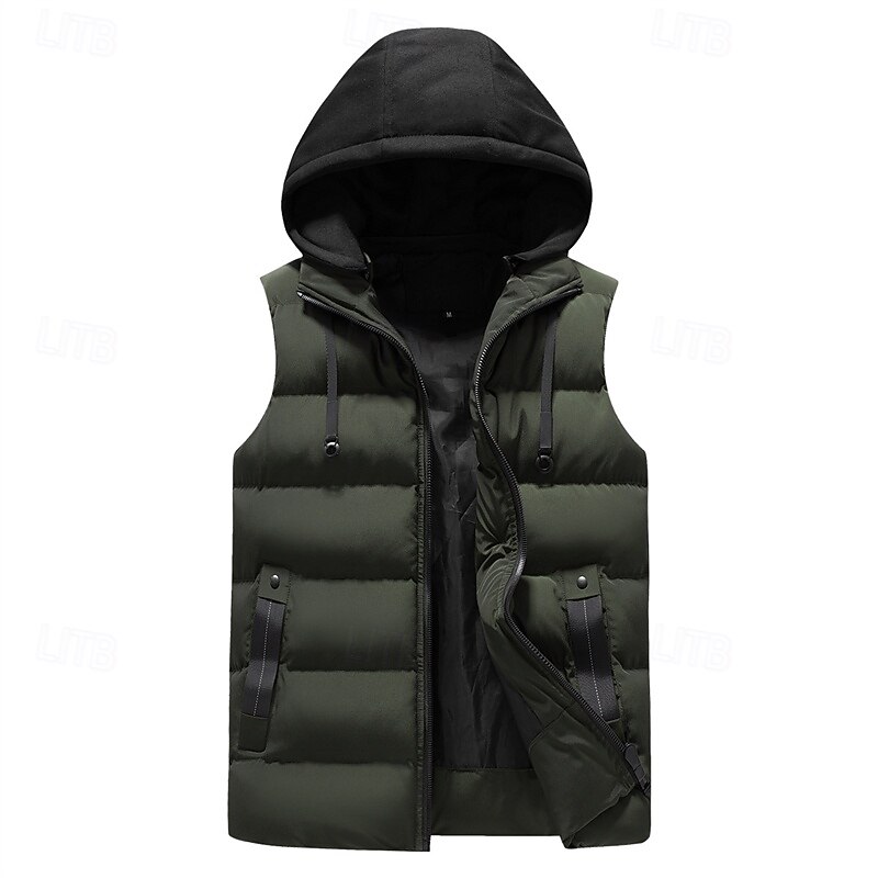 Herr Pufferväst Hoodie väst Quiltad väst Dagligen Datum Semester Mode Ledigt Höst vinter Ficka Polyester Håller värmen Bekväm Ensfärgat Dragkedja Huva Normal Svart Armégrön Grå Väst 2026 - $39.99 –P7