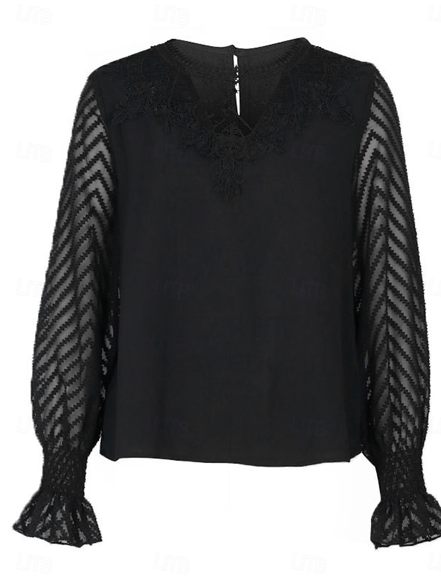 Women's Elegant Lace Tops Eyelet Blouse Casual Solid Color Regular Tops Long Sleeve Crew Neck Lace Patchwork Regular Fit Daily Black Romantic Petite Tops Summer Holiday Wear 2025 - $32.99 –P5