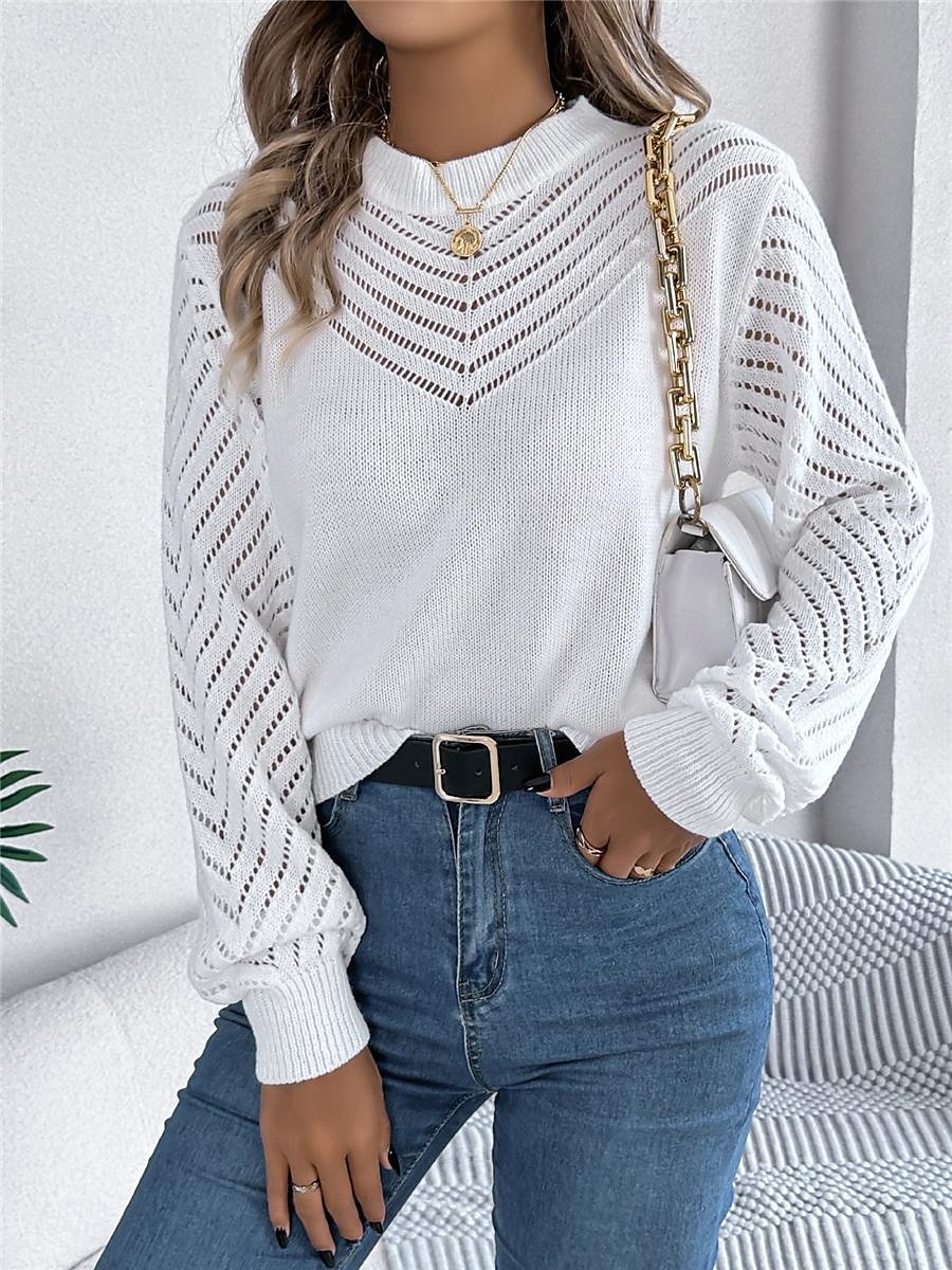 Per donna Felpa Pullover Maglione Informale Morbido Colore puro A coste Girocollo Traforato Lavorato a maglia Manica lunga Top regolari Maglia Esterno Giornaliero Fine settimana Bianco Arancione del 2025 a $45.99 –P5