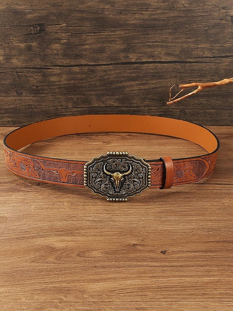 Men's Western Faux Leather Belt with Embossed Floral Design and Bull Head Buckle – Vintage Cowboy Style 2025 - $19.99 –P3