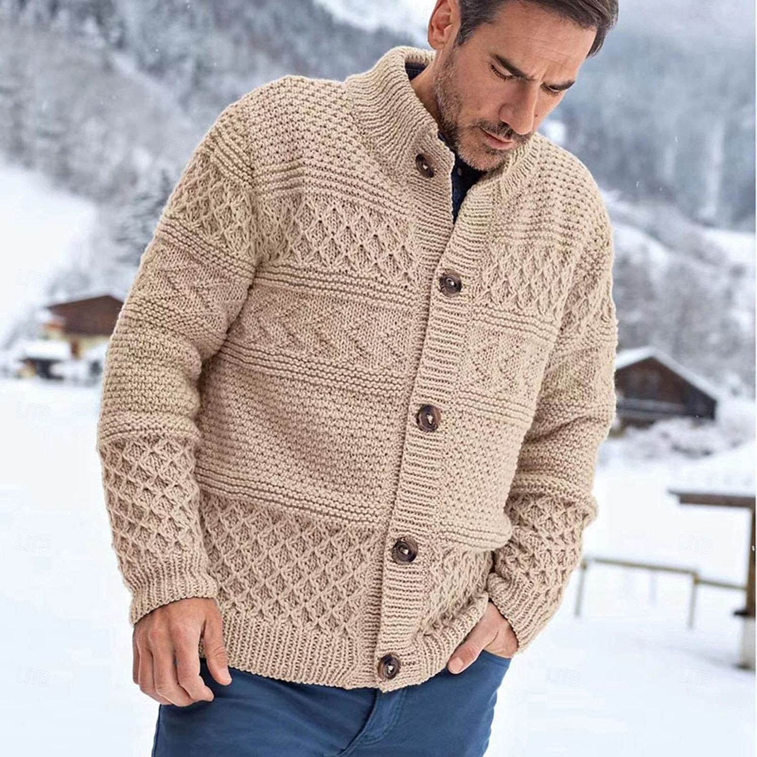 Men's Cardigan Sweater Knit Sweater Cable Knit Regular Button Up Side Pockets Solid Color Collar Fashion Classic Daily Wear Date Clothing Apparel Fall & Winter Beige M L XL 2025 - $44.99 –P1