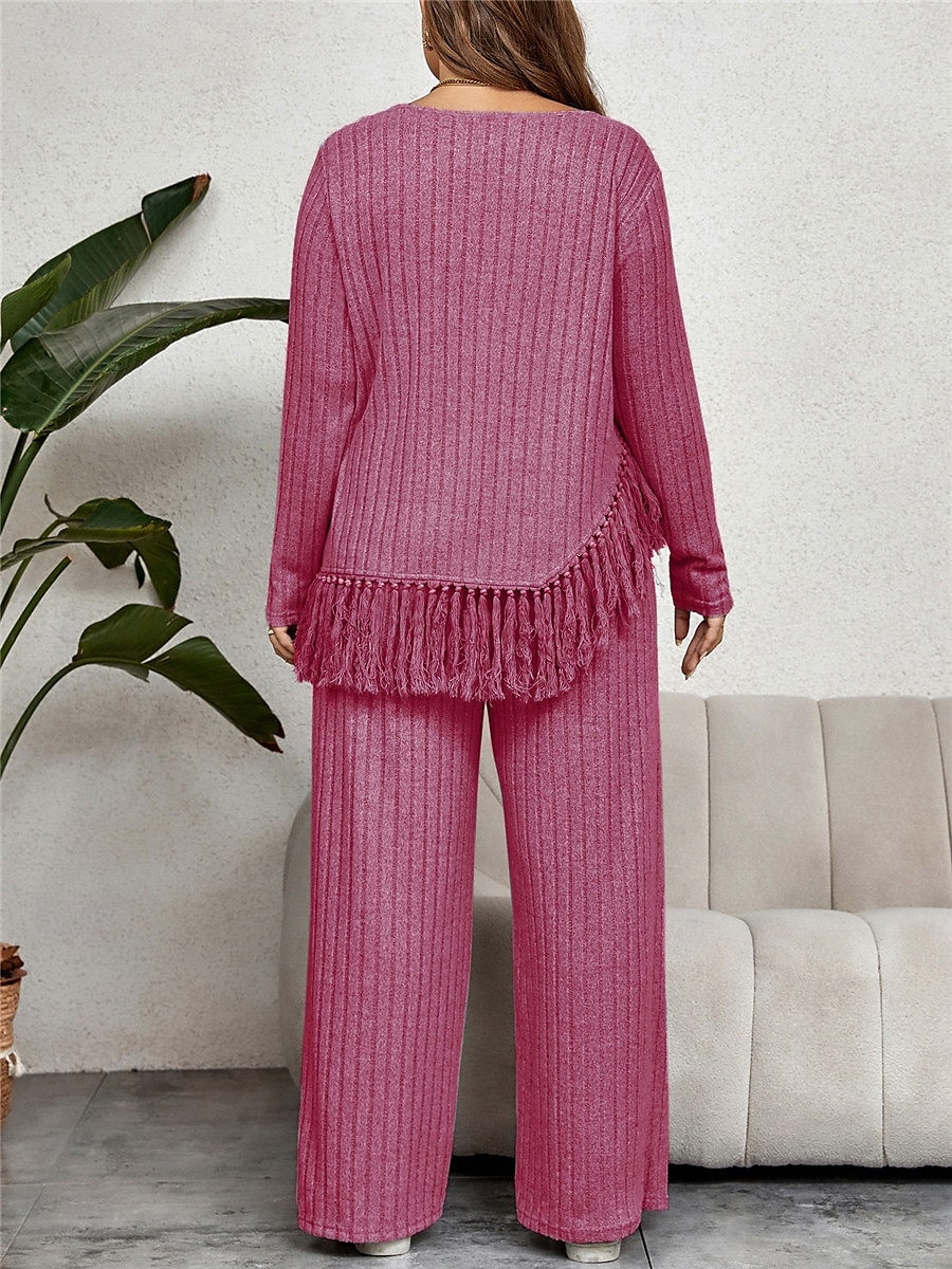 Femme Grande taille Hauts T shirt Tee Ensemble Couleur unie Franges manche longue Col Ras du Cou Décontractées du quotidien Polyester Automne Hiver Fuchsia Vert de 2025 ? $47.99 –P8