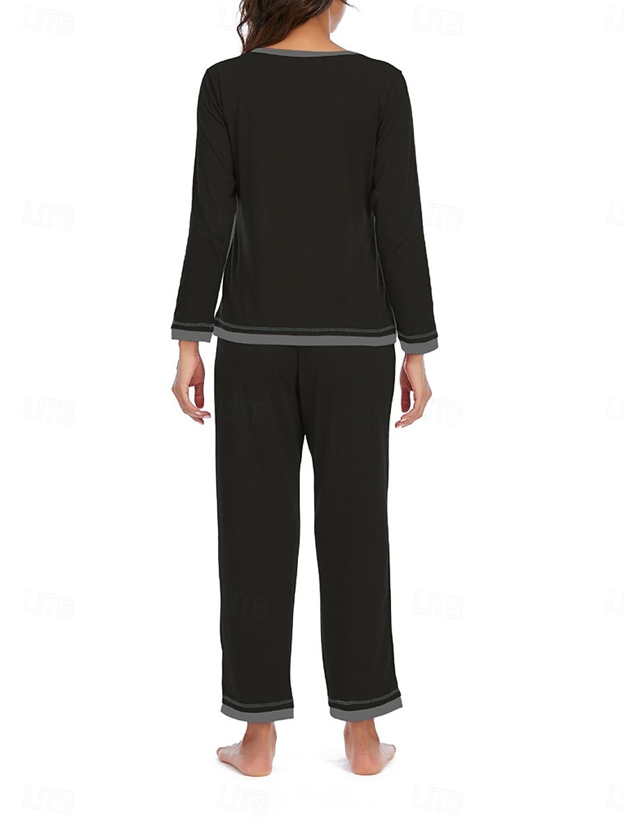 set de pijamale de damă culoare pură casual confort acasă zilnic confort din bumbac cald cu gâtul turnat tricou cu mânecă lungă pantaloni talie elastică ținute de toamnă iarnă acasă 2026 - $41.99 –P8