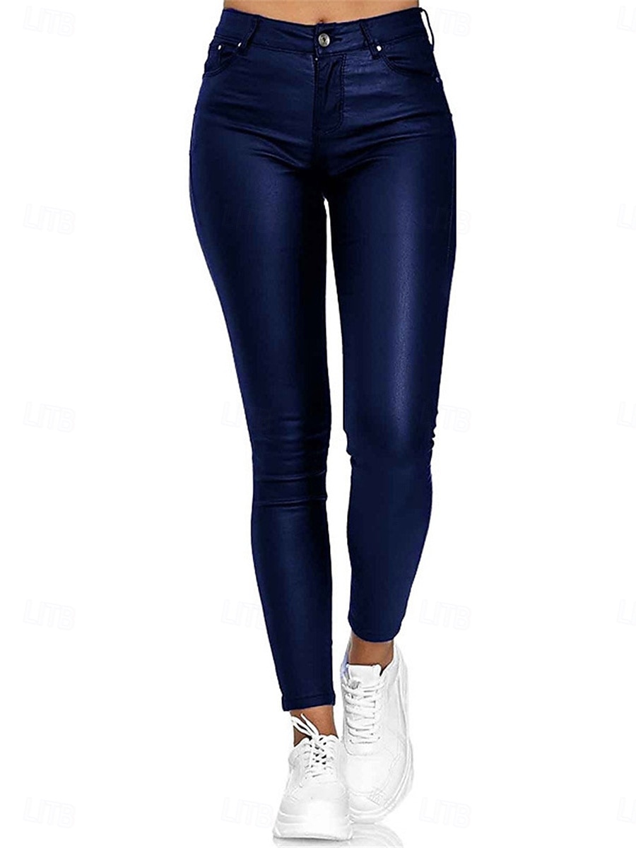 Damen Schlank Lederhosen Strumpfhosen Modisch Strassenmode In voller Länge Hoher Taillenbund Glatt Tasche Hoher Schnitt warm Windundurchlässig Mikro-elastisch Outdoor Strasse Wein Schwarz Blau 2025 - $27.99 –P6