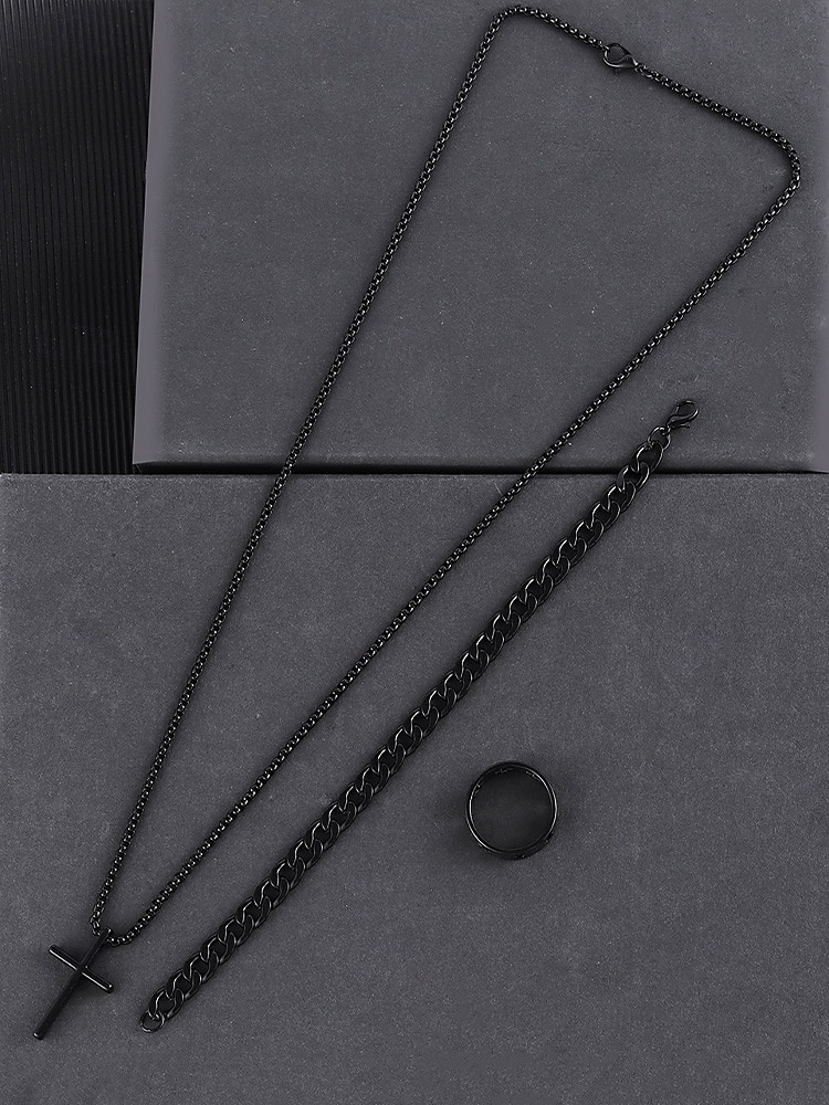 Men's Alloy Cross Necklace, Chain Bracelet, and Engraved Ring Set – Durable and Stylish Christian Jewelry 2025 - $11.99 –P6