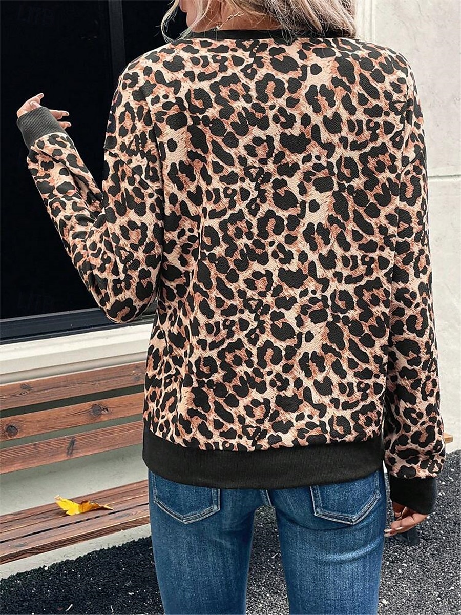 dámská mikina leopard street denní nošení potisk ležérní posádka výstřih dlouhý rukáv mikroelastický podzimní zimní komfrt prodyšná měkká tkanina 2025 - $24.99 –P2